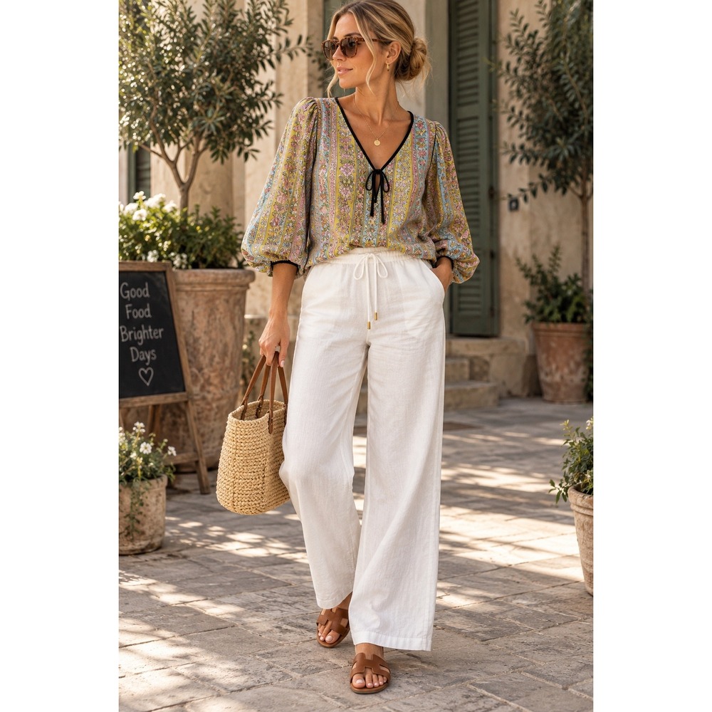 Ellen Tracy Womens White Linen Wide Leg Drawstring Pants Size Medium